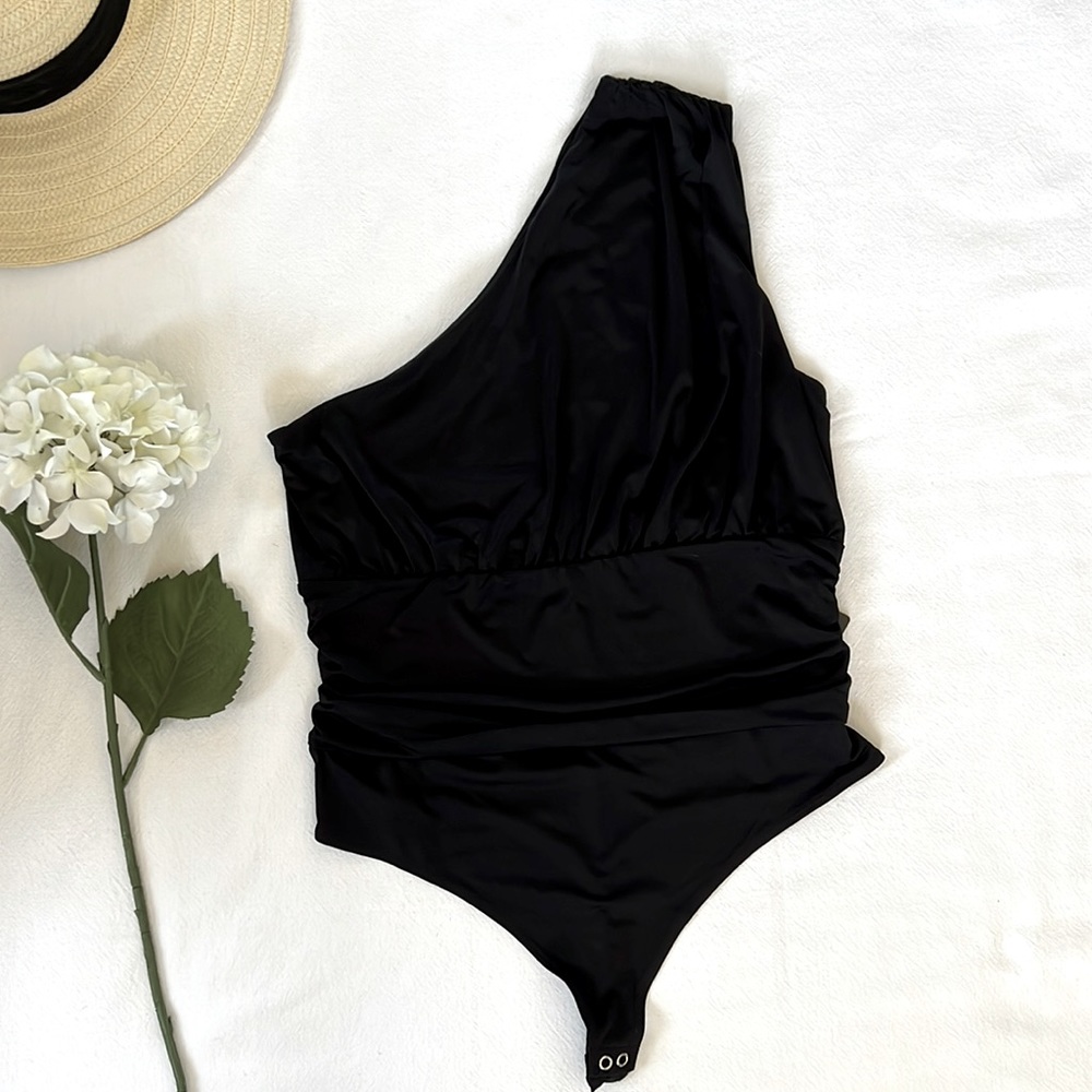 Express Large Body Contour Double Layer Ruched One Shoulder Thong Bodysuit
